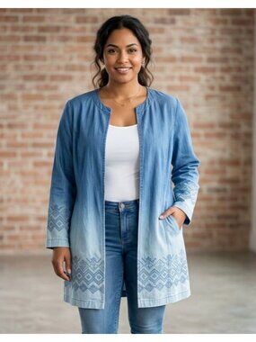 Chico's 1 US M 8 Blue Ombre Open Front Chambray Jacket Pockets Embroidery